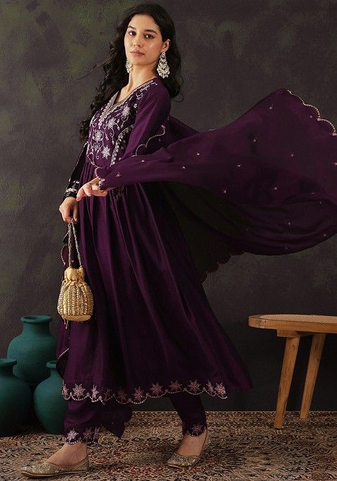 Magenta Zari Sequin Embroidered Vichitra Kurta Set