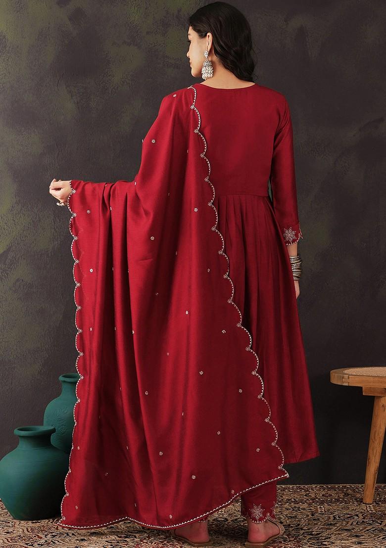 Maroon Zari Sequin Embroidered Vichitra Kurta Set