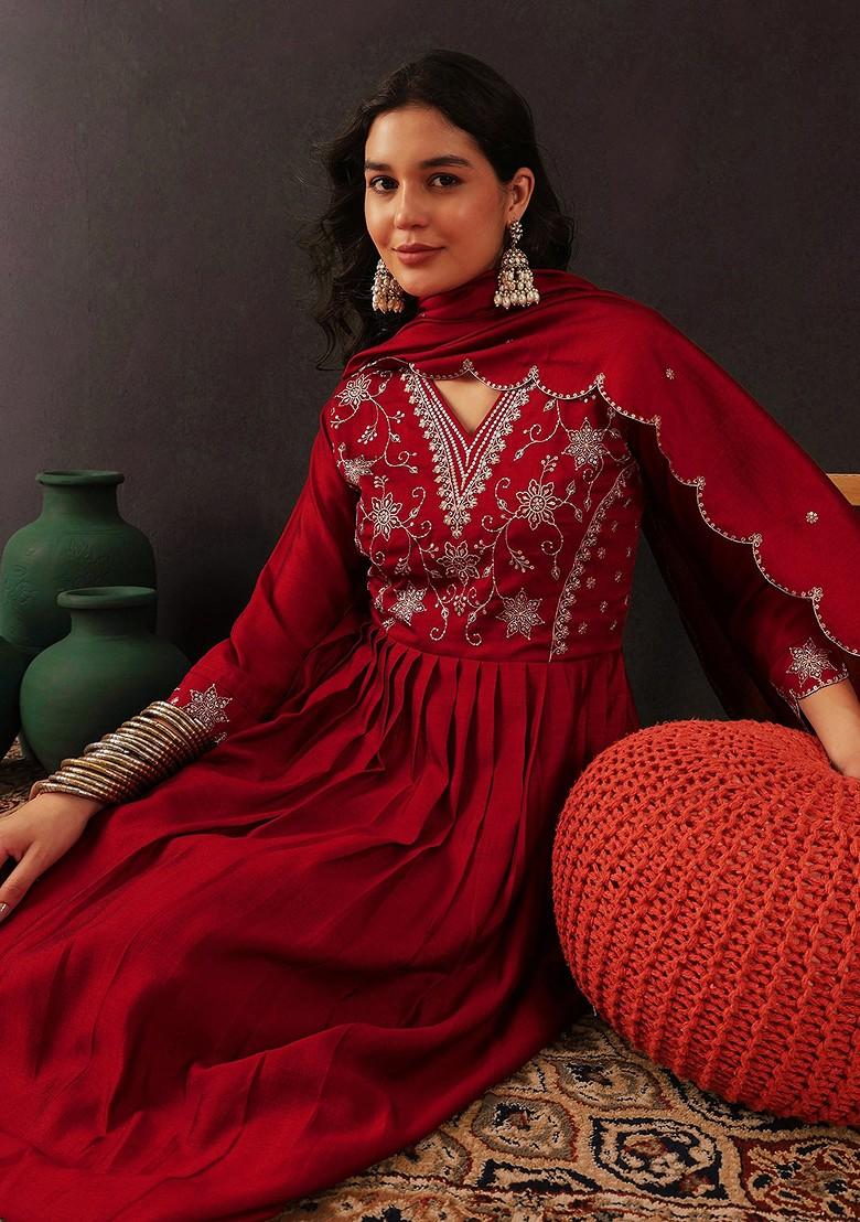 Maroon Zari Sequin Embroidered Vichitra Kurta Set