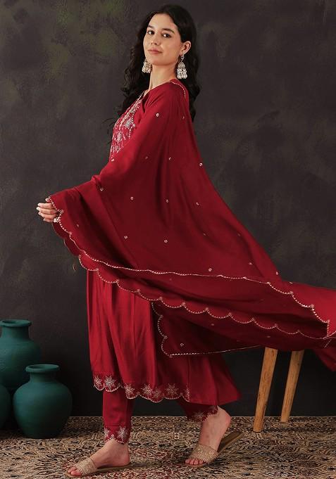 Maroon Zari Sequin Embroidered Vichitra Kurta Set