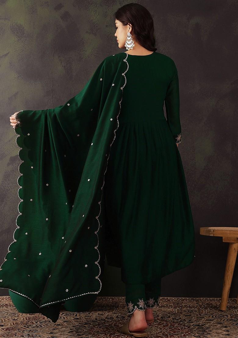 Green Zari Sequin Embroidered Vichitra Kurta Set