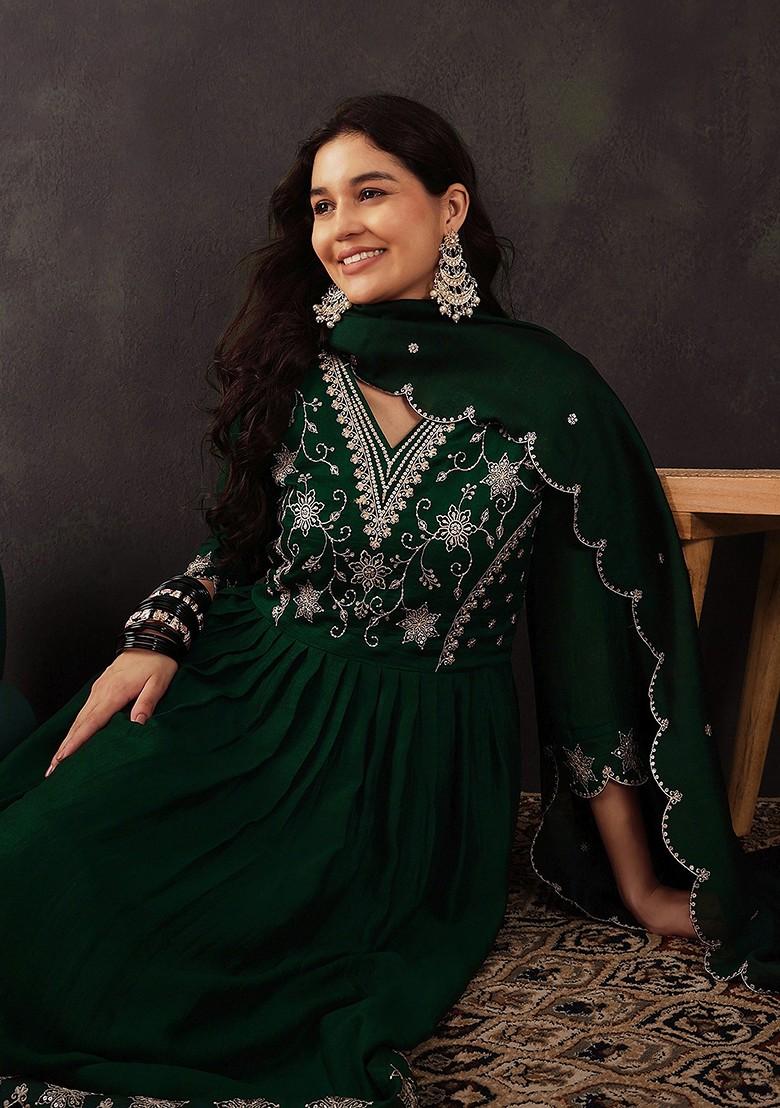 Green Zari Sequin Embroidered Vichitra Kurta Set