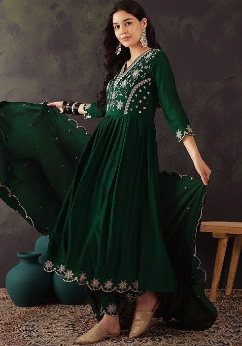 Green Zari Sequin Embroidered Vichitra Kurta Set