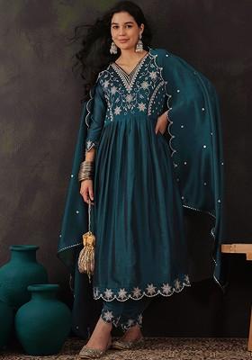 Teal Blue Zari Sequin Embroidered Vichitra Kurta Set
