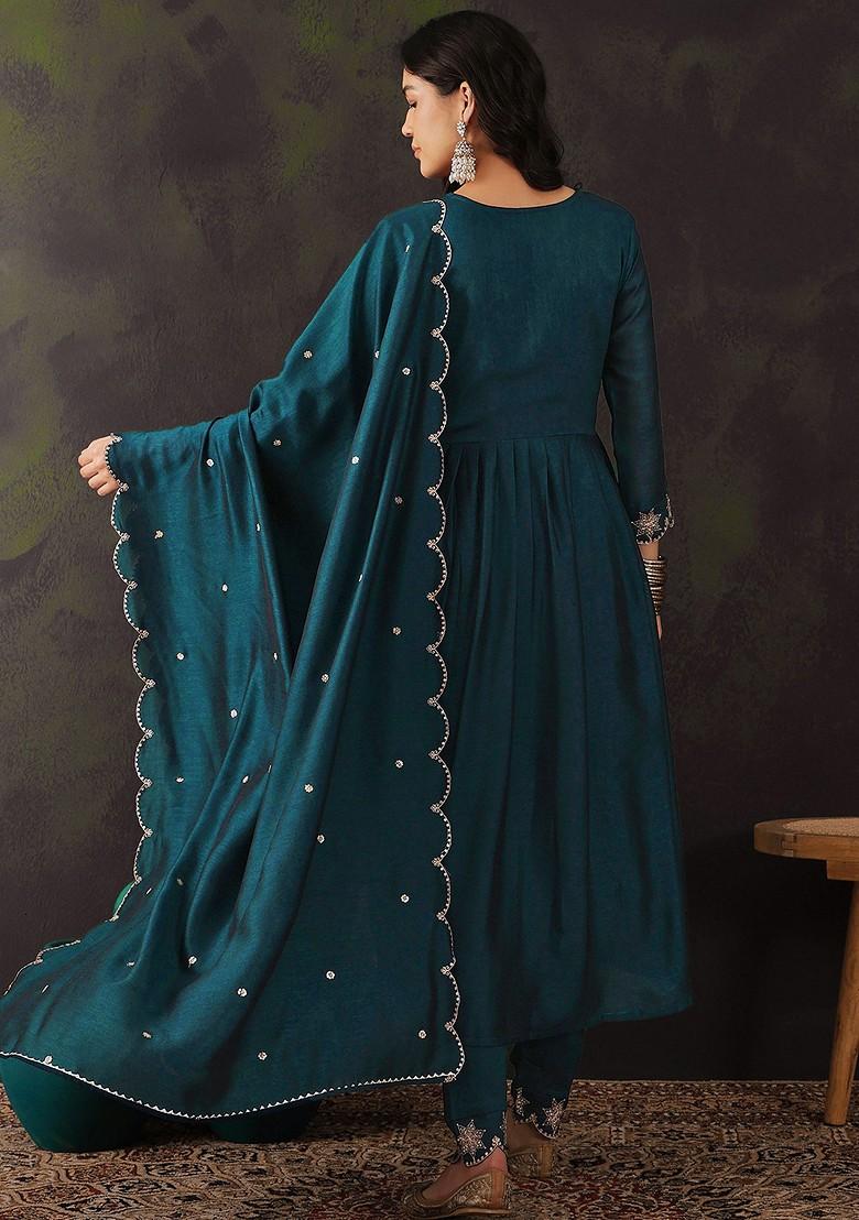 Teal Blue Zari Sequin Embroidered Vichitra Kurta Set