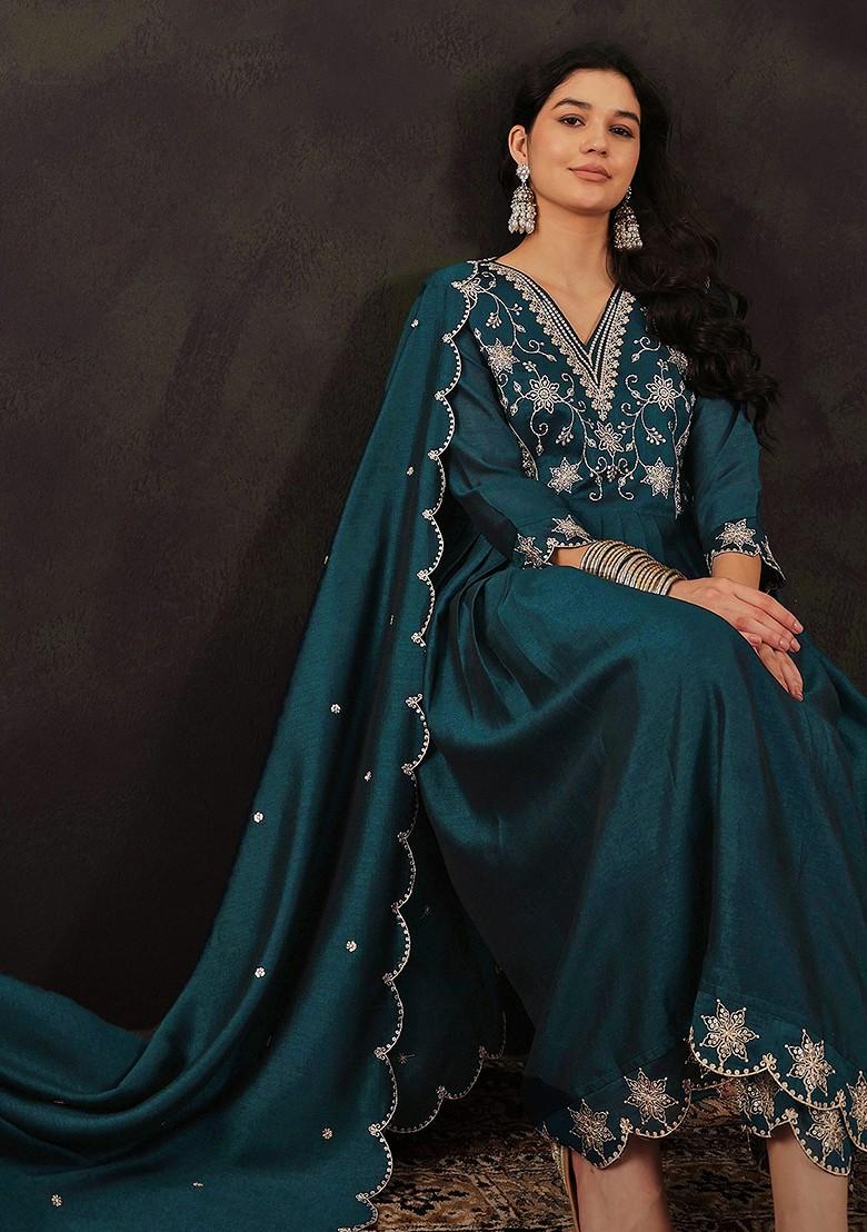 Teal Blue Zari Sequin Embroidered Vichitra Kurta Set