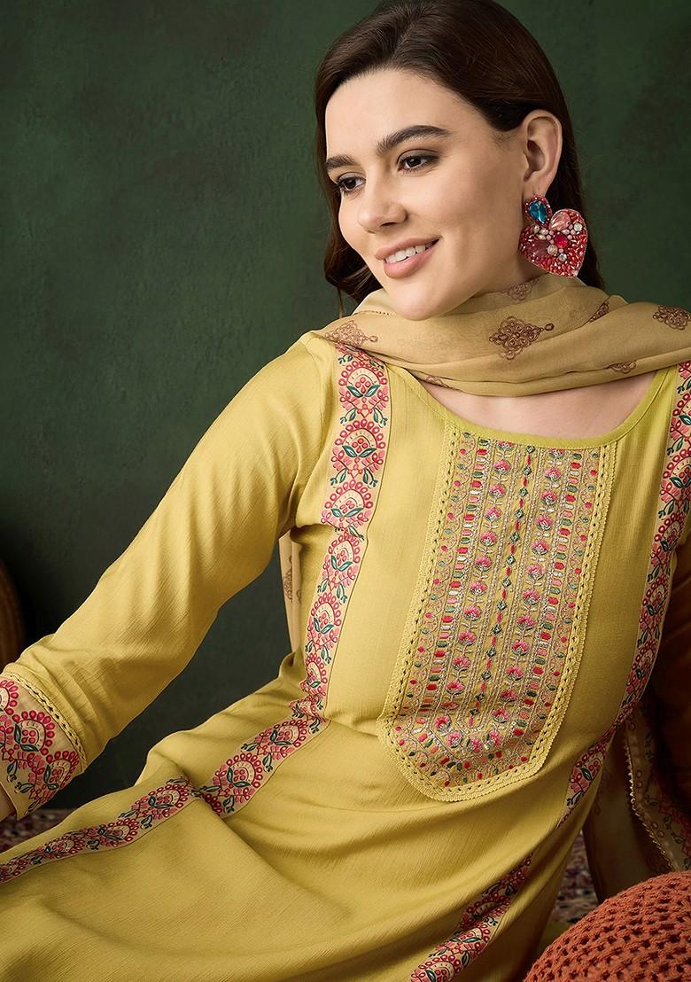 Yellow Zari Sequin Embroidered Cotton Kurta Set