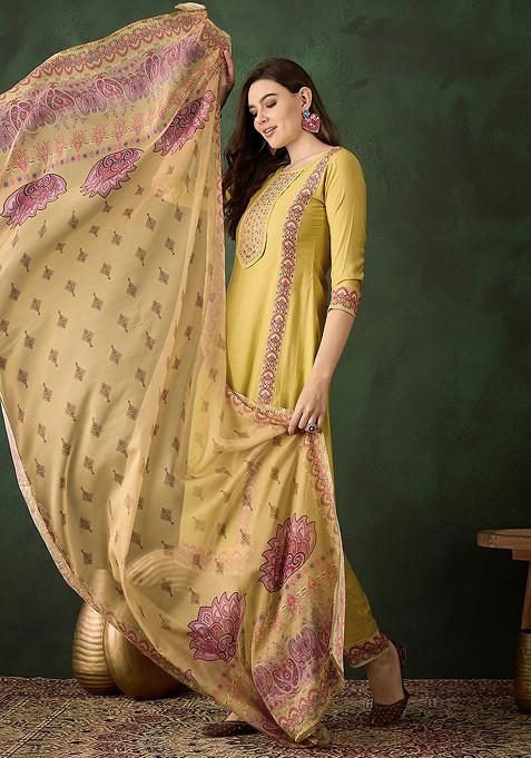 Yellow Zari Sequin Embroidered Cotton Kurta Set