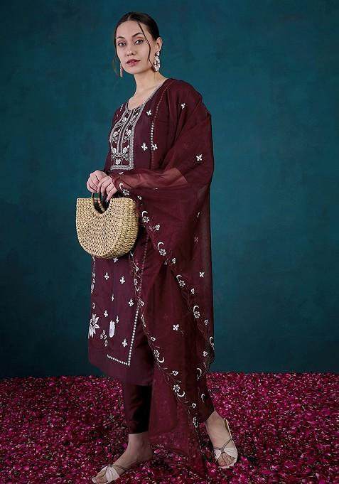 Maroon Thread Embroidered Chanderi Kurta Set