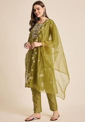 Mustard Thread Embroidered Chanderi Kurta Set