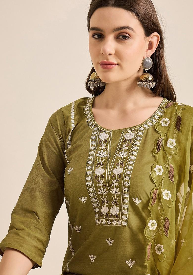 Mustard Thread Embroidered Chanderi Kurta Set - Indya