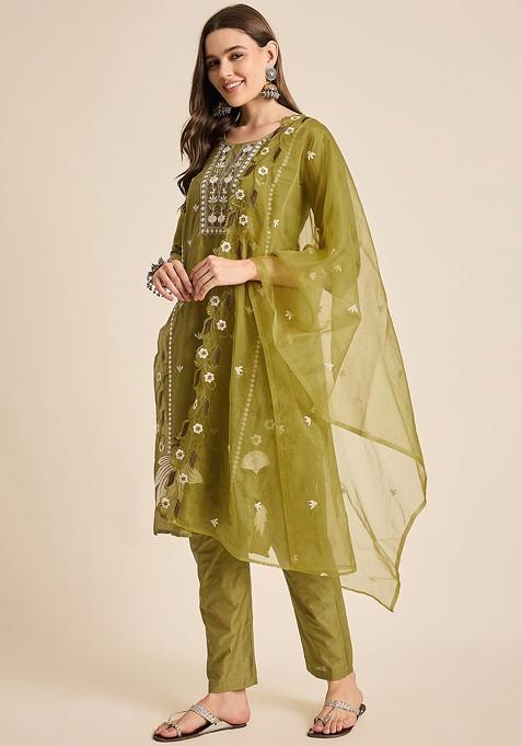 Mustard Thread Embroidered Chanderi Kurta Set