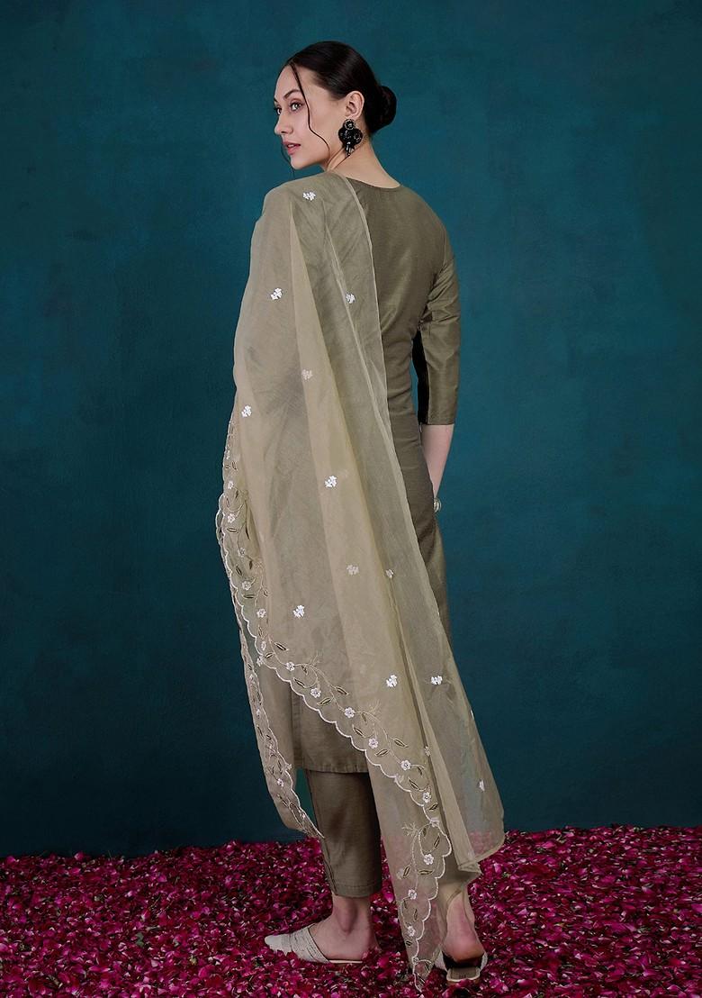 Beige Thread Embroidered Chanderi Kurta Set - Indya