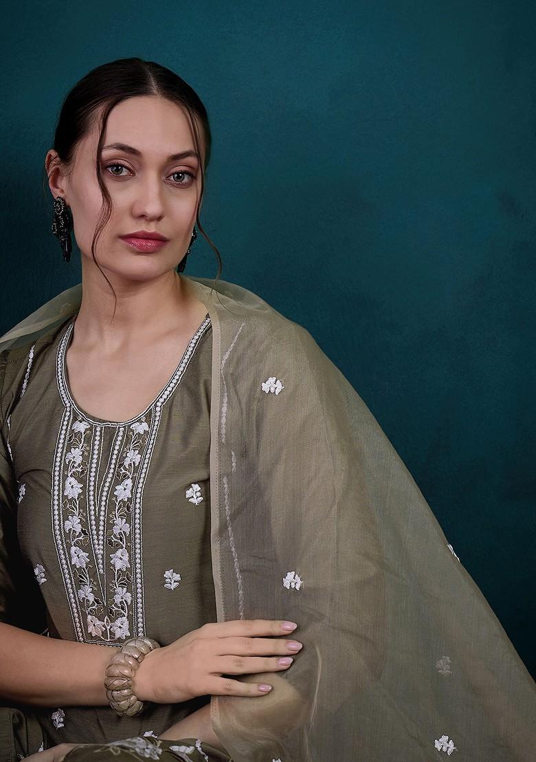 Beige Thread Embroidered Chanderi Kurta Set - Indya