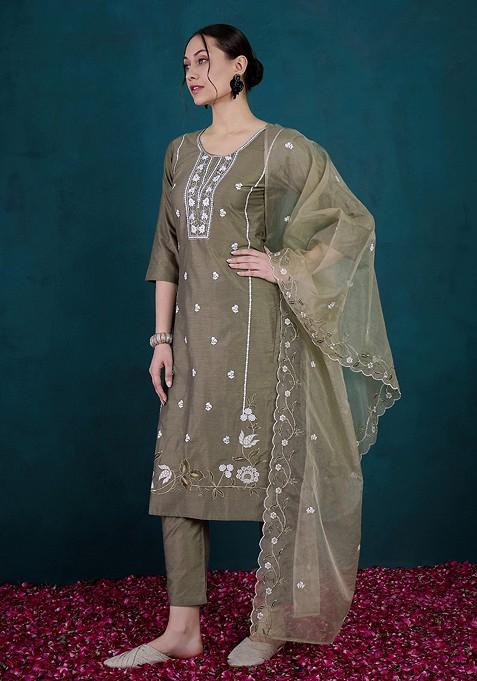 Beige Thread Embroidered Chanderi Kurta Set