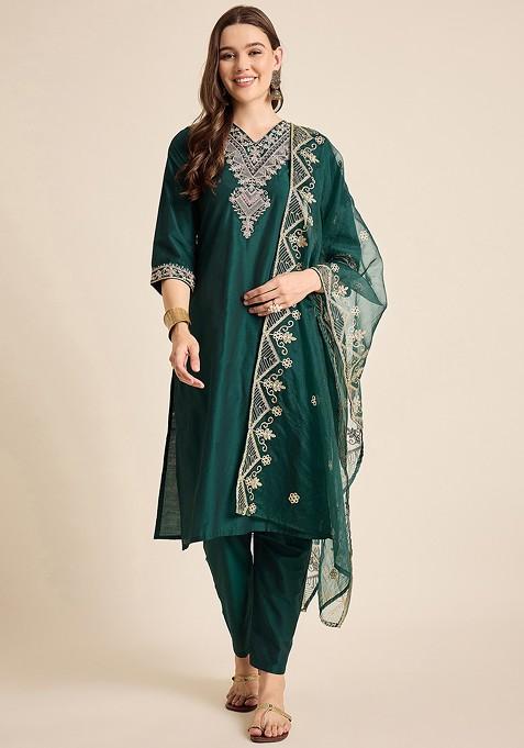 Green Zari Sequin Embroidered Chanderi Kurta Set