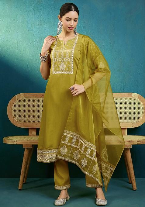 Mustard Thread Sequin Embroidered Silk Kurta Set