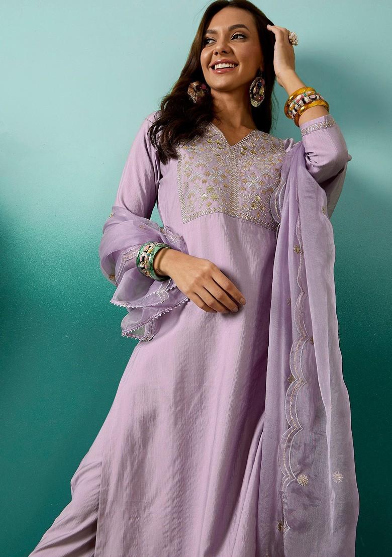 Light Purple Zari Sequin Embroidered Silk Kurta Set - Indya