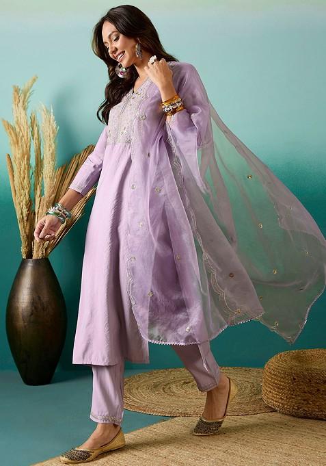 Light Purple Zari Sequin Embroidered Silk Kurta Set