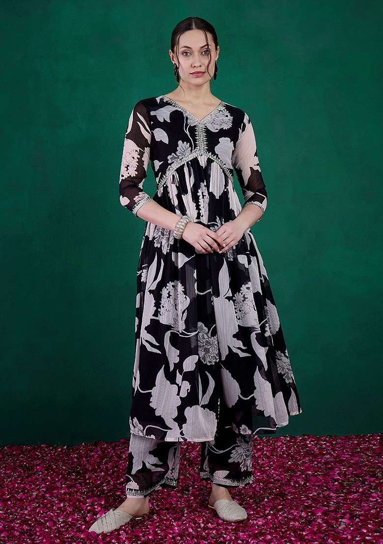 Black Embroidered Georgette Anarkali Set - Indya
