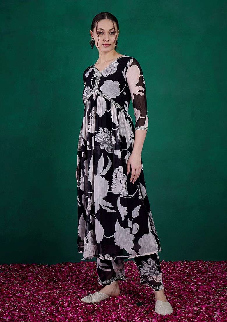 Black Embroidered Georgette Anarkali Set - Indya