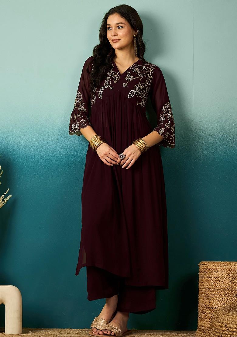 Brown Zari Sequin Embroidered Georgette Kurta Set
