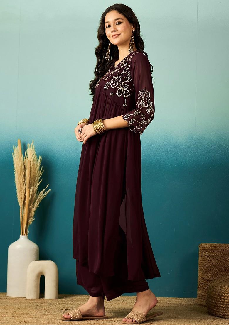 Brown Zari Sequin Embroidered Georgette Kurta Set