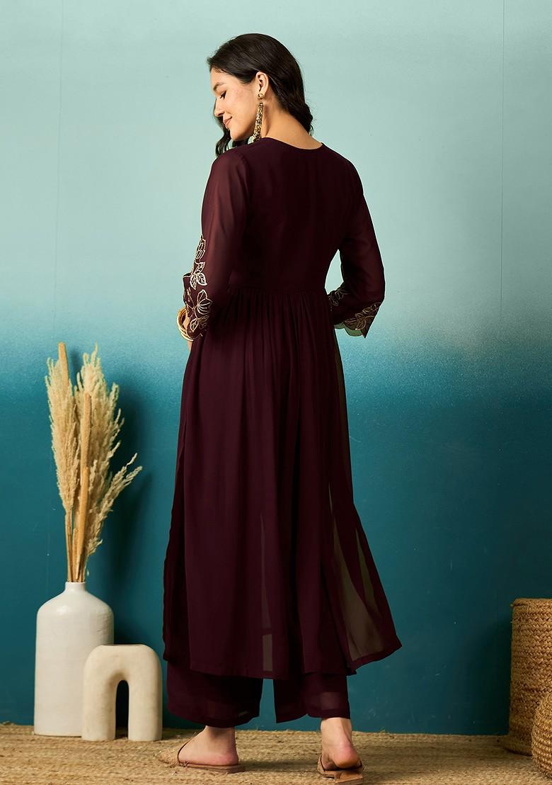 Brown Zari Sequin Embroidered Georgette Kurta Set