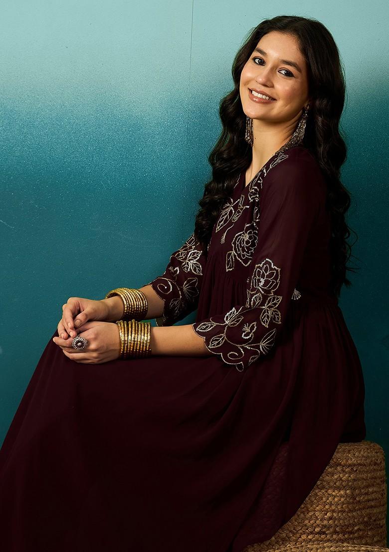 Brown Zari Sequin Embroidered Georgette Kurta Set