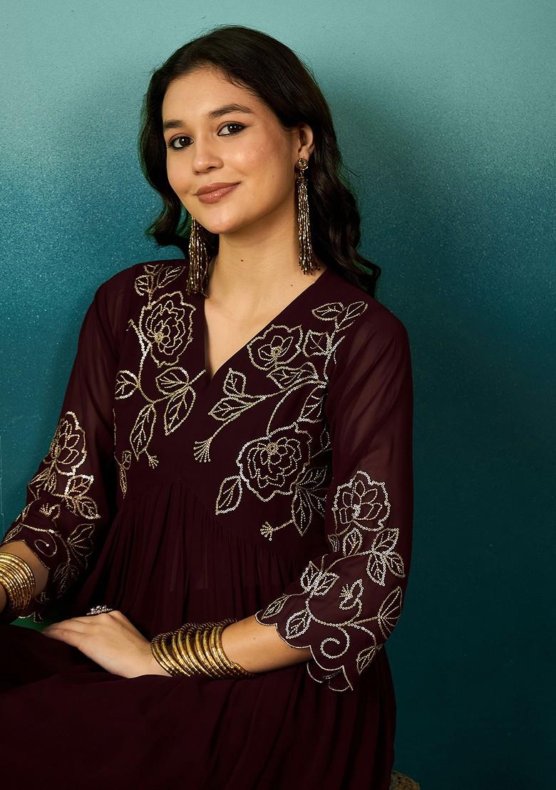 Brown Zari Sequin Embroidered Georgette Kurta Set