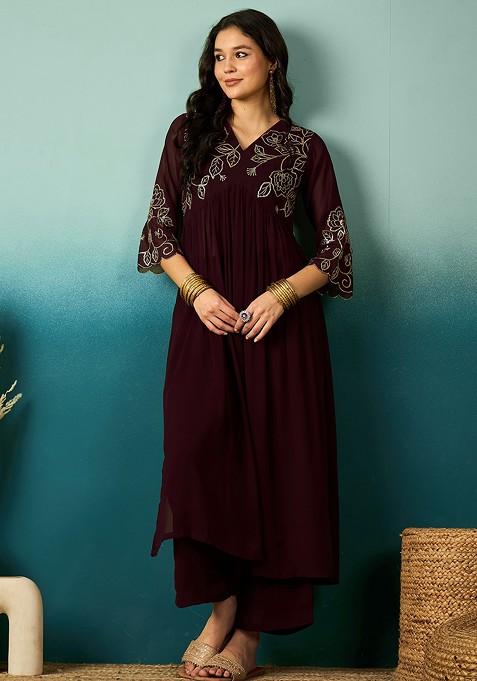 Brown Zari Sequin Embroidered Georgette Kurta Set