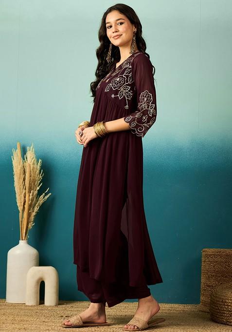 Brown Zari Sequin Embroidered Georgette Kurta Set