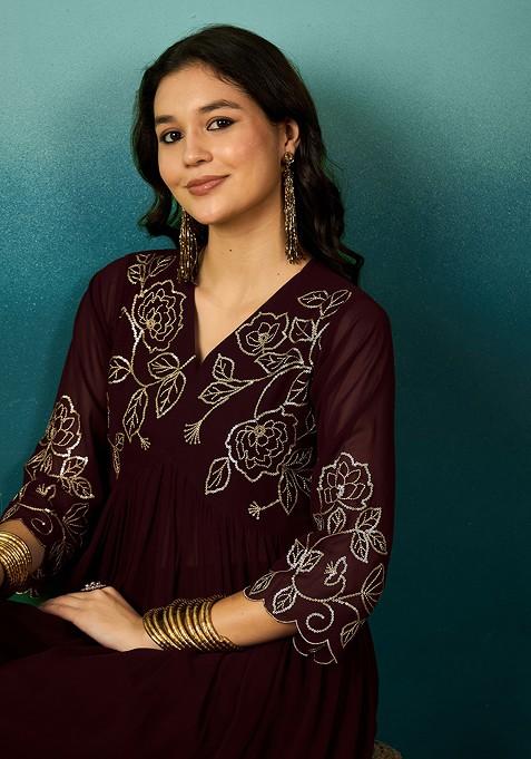 Brown Zari Sequin Embroidered Georgette Kurta Set