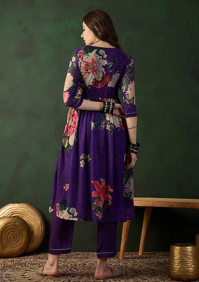 Purple Zari Sequin Embroidered Georgette Kurta Set
