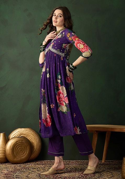 Purple Zari Sequin Embroidered Georgette Kurta Set