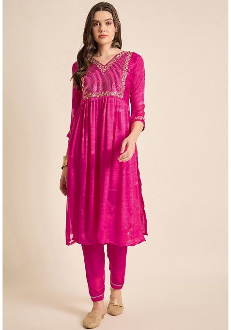 Rani Pink Zari Sequin Embroidered Georgette Kurta Set