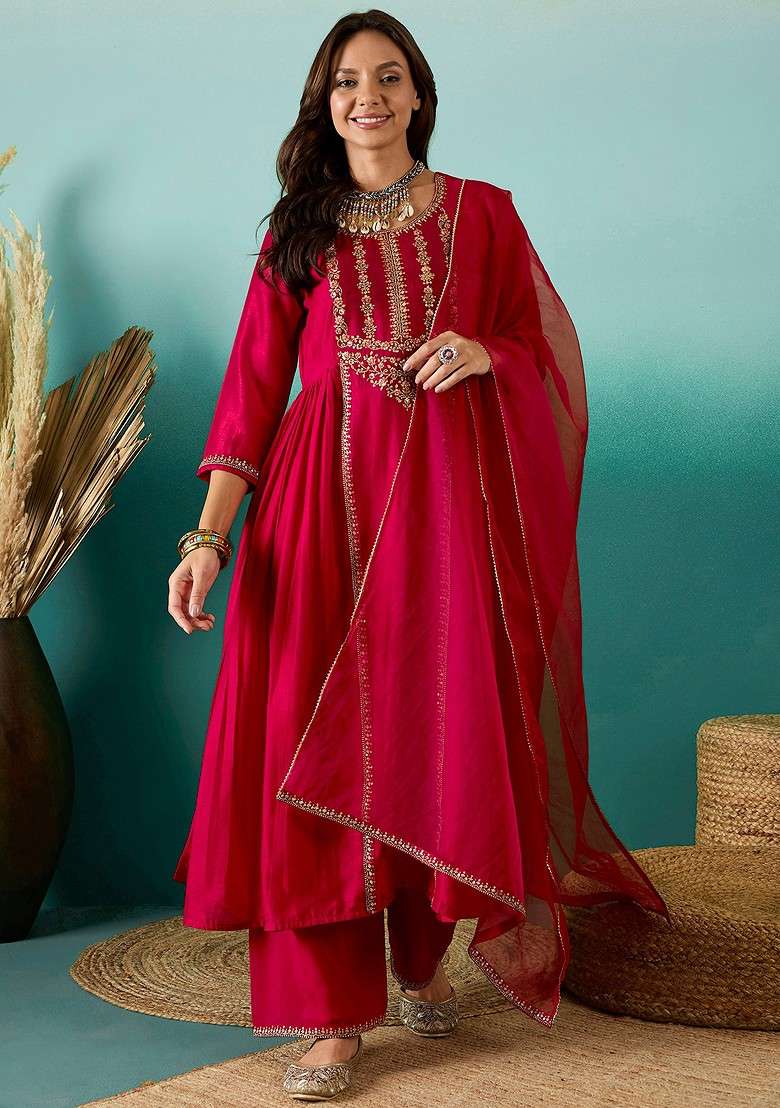 Red Embroidered Vichitra A Line Kurta Set - Indya