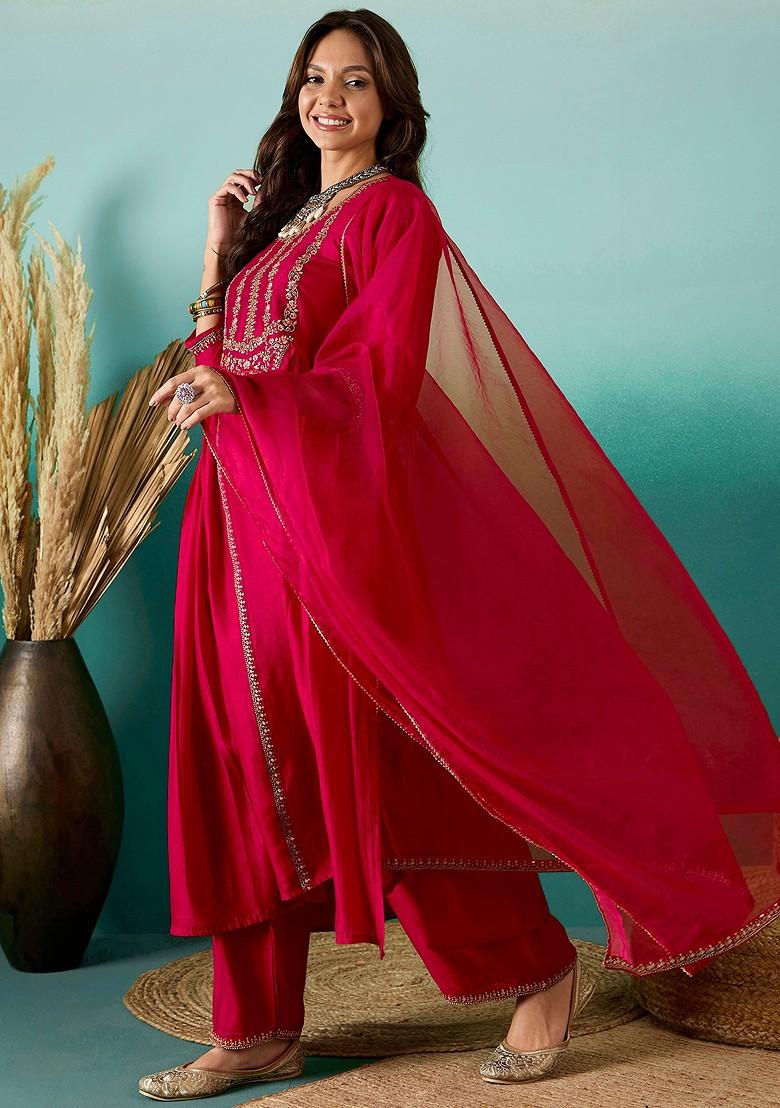 Red Zari Sequin Embroidered Vichitra Kurta Set