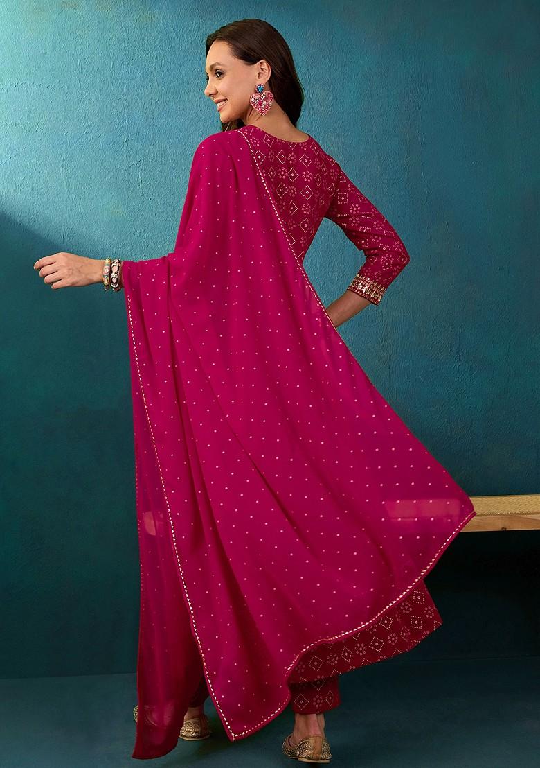 Rani Pink Zari Sequin Embroidered Georgette Kurta Set