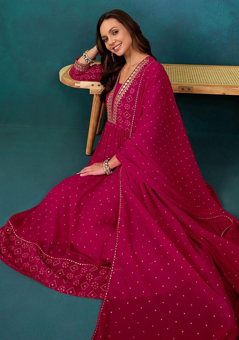 Rani Pink Zari Sequin Embroidered Georgette Kurta Set