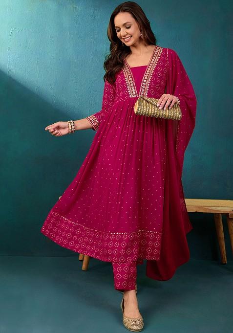 Rani Pink Zari Sequin Embroidered Georgette Kurta Set