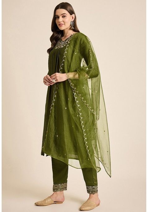 Mehndi Green Zari Sequin Embroidered Jacquard Kurta Set