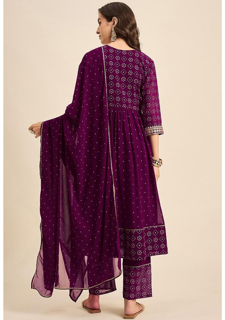 Wine Zari Sequin Embroidered Georgette Kurta Set