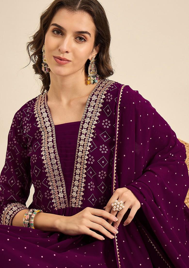 Wine Zari Sequin Embroidered Georgette Kurta Set