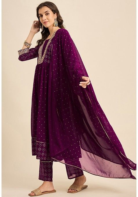 Wine Zari Sequin Embroidered Georgette Kurta Set