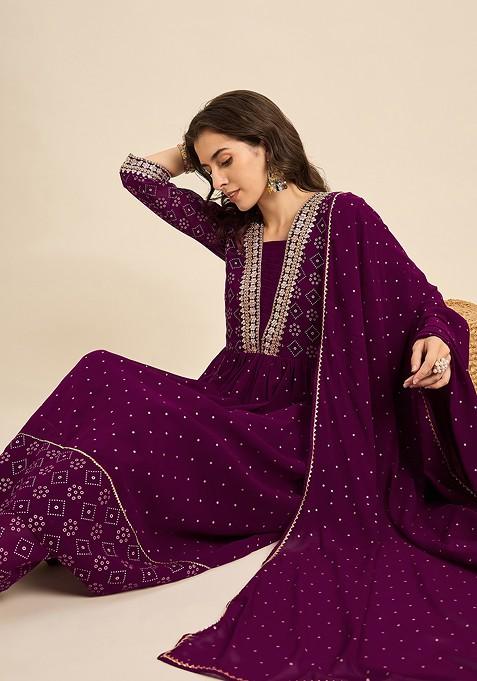 Wine Zari Sequin Embroidered Georgette Kurta Set