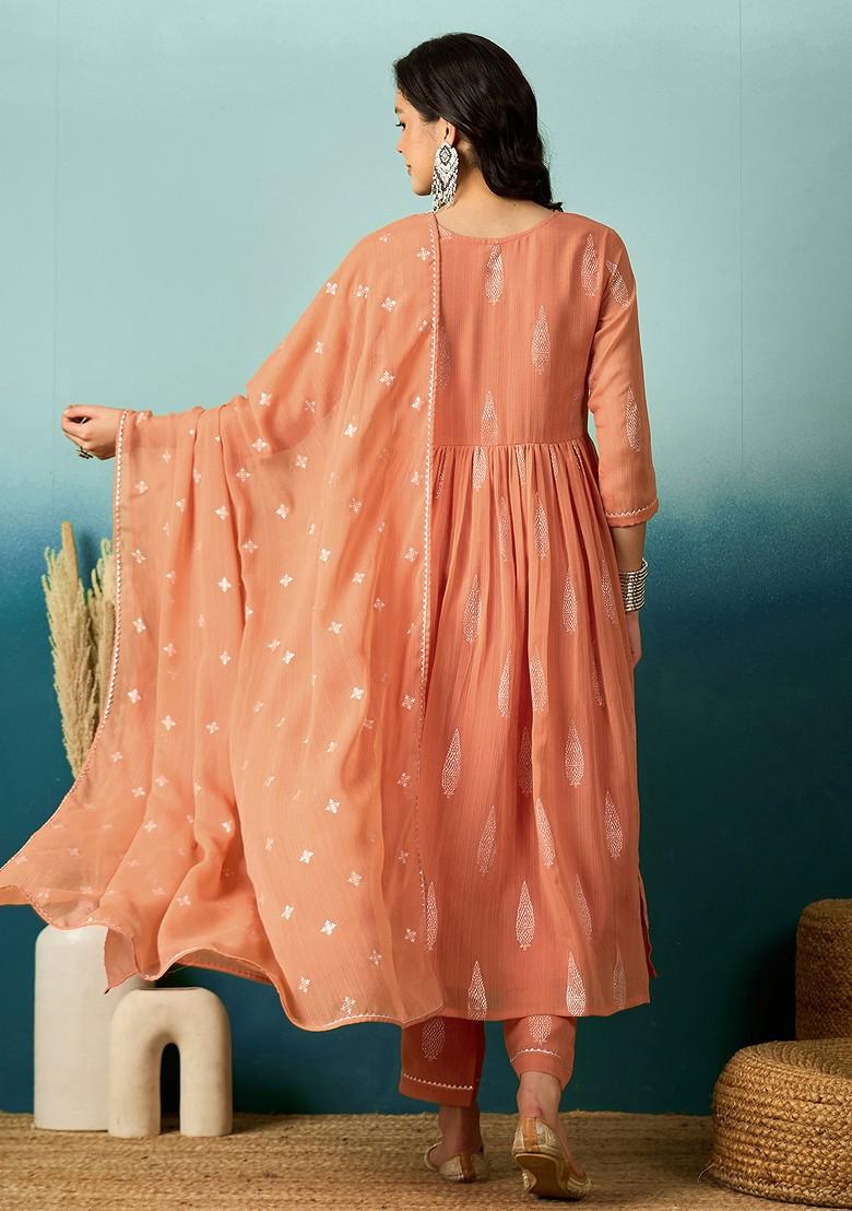 Peach Zari Sequin Embroidered Georgette Kurta Set