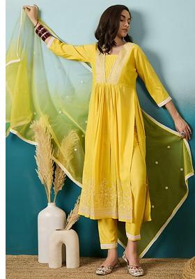 Yellow Thread Sequin Embroidered Chinon Kurta Set