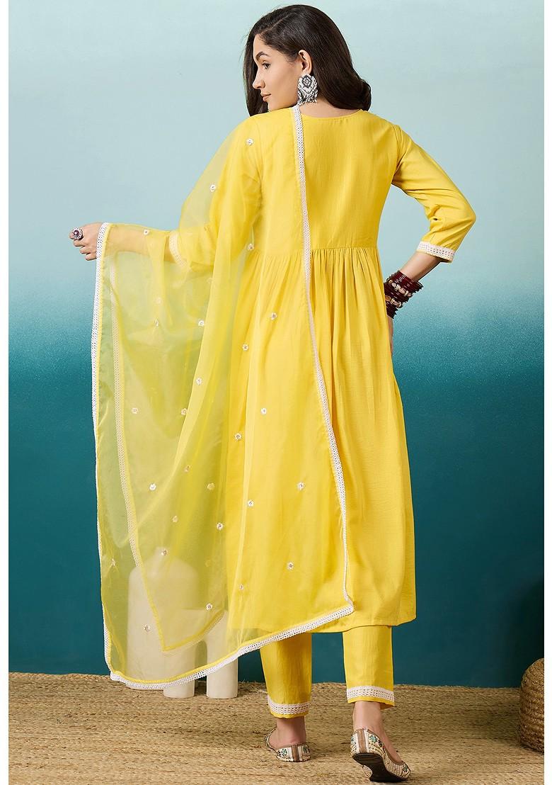 Yellow Thread Sequin Embroidered Chinon Kurta Set