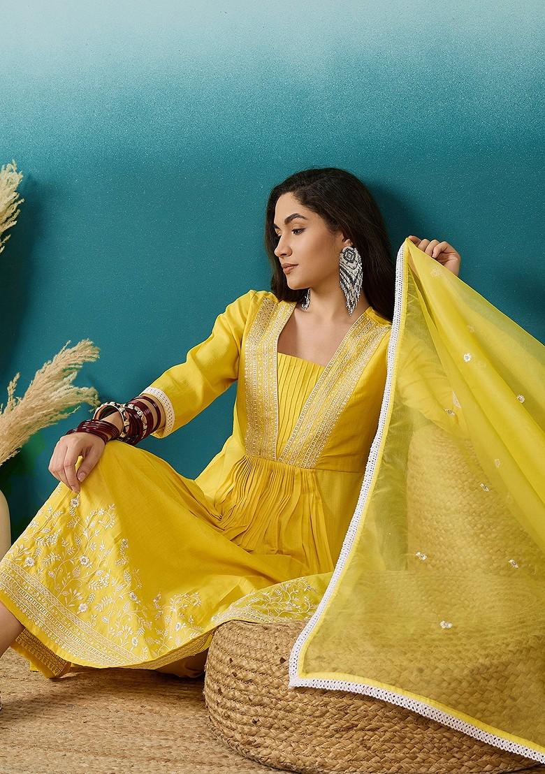 Yellow Thread Sequin Embroidered Chinon Kurta Set